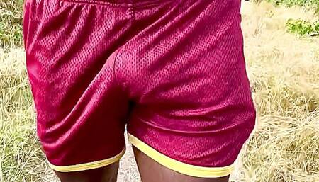 Slowly Getting Hard On My Walk In My Red Short And I Am Always Commando.