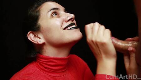 CFNM - Red Turtleneck, Black Lips - Handjob + Cum Mouthful + Cum on Clothes
