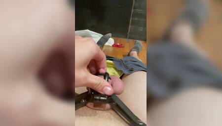 Chastity slave cums in tiny cage