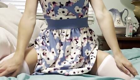 Blue Floral Sundress High Heels Pink Thigh Highs Black Lace Crotchless Thong Striptease & Toys Multiple Orgasms - Custom Request
