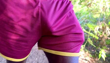 Slowly Getting Hard on My Walk in My Red Short and I Am Always Commando.