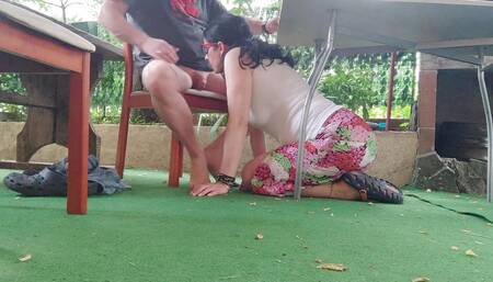 Kinky wife sucks big cock under the table