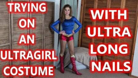 Trying On An Ultra Girl Costume With Ultra Long Nails - Candle Boxxx Long Red Fingernails Struggling With Shiny Tights For Superheroine Cosplay 4K