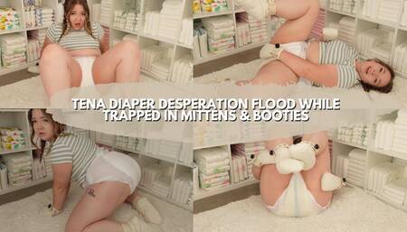 Tena Desperation Diaper Flood & Leaked While Locked In Mittens & Booties