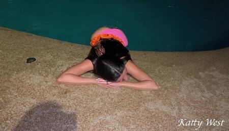 Crazy Girl Bathes in the Pool at Night After a Party
