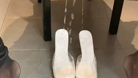 Cum and Piss on White High Heel Mules
