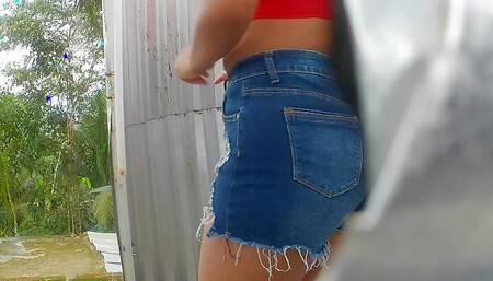 Nurse recorded by camera amteur in outdoor dressing room