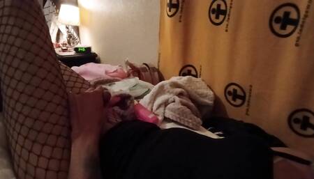 sexy femboy in fishnets rides her dildo