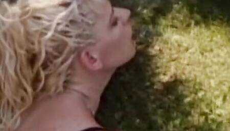 DP outdoor threesome with stunning French blonde