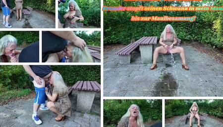 Caught Pissing Outdoors! Stranger Stuffs His Cock Into My Mouth Until He Cums in My Mouth!