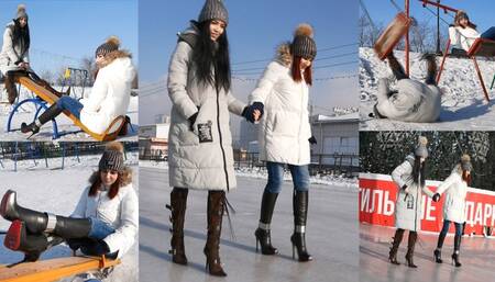 Two hot chicks in heels sink the Siberian ice with their actions
