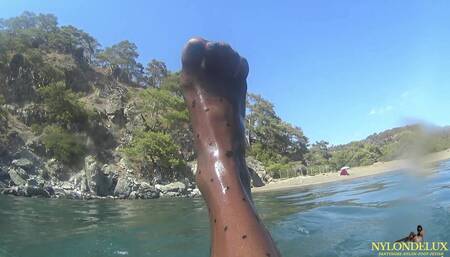 Fasihon Pantyhose and Leotard Tease in Public Sea