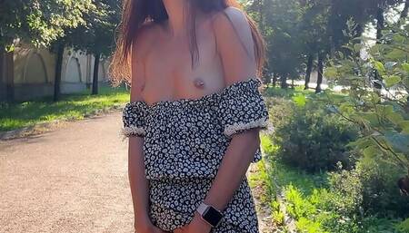 Public masturbation - Girl touches pussy with a plug in her ass and pees on the street