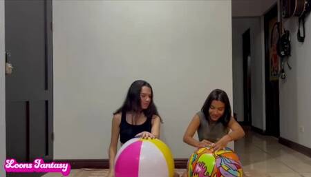 Akina and Owllete blow up and pops 2 beach balls