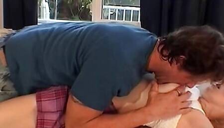 Blonde college babe with big tits riding class mate