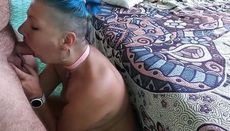 Pony Tailed Wife Sucking Cock and Licking Balls Then Eating Cum
