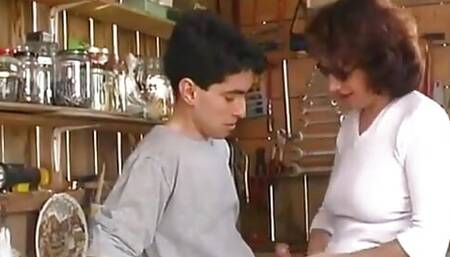 Hairy Mature Cougar Gets Banged and Facialized by the Young Gardener and Papy