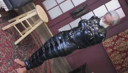 Catsuit-clad captive Luna, wrapped in countless leather restraints -720