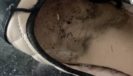 Playing with my spit on the insides of these leather flats, also spitting on the soles at tops