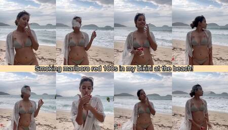 Angie smoking marlboro red 100s in bikini at the beach!