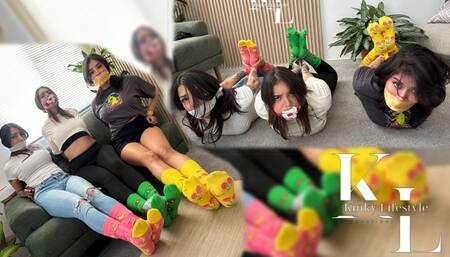 Colored Socks Lover Broke in: Simona, Mara & Luana Sock Stuffed (Tape Bondage, Mouth Stuffing, OTM, CleaveGag, SockGag, Socked Feet, Wiggling, Hogtie, Struggling)