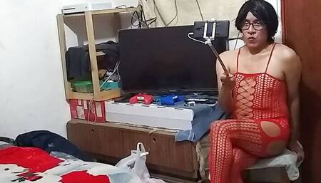 Joselynne crossdresser In Glasses Wearing Red Fishnets Show One