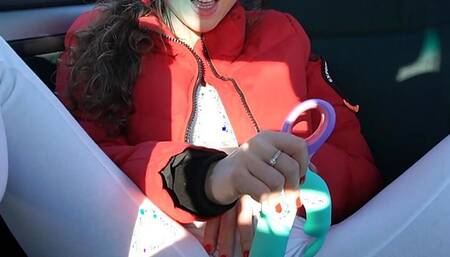 Wife tests a vibrator in a public parking lot