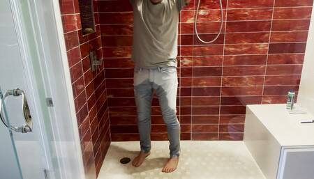 Barefoot in Jeans Pissing Myself and Showing Dick and Ball