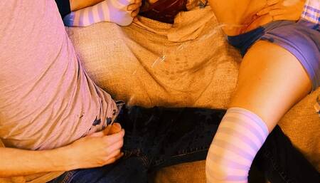 Piss fountain in blue striped knee socks until he wets her too (artwork without sound)