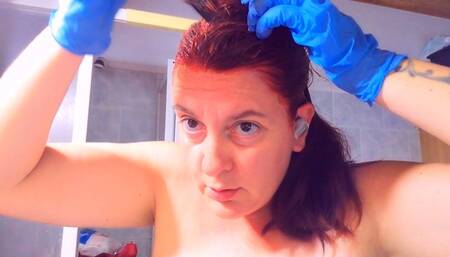Red hair dye super fetish latex gloves 4K