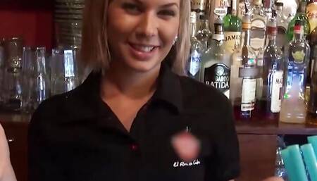 MOFOS - Barmaid Rihanna Samuel Gets A Pounding And A Messy Cumshot From A Customer Behind The Bar