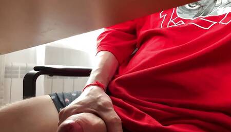 Jerk uncut penis while work meeting