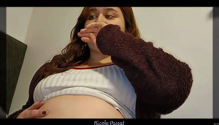 Fat Nicole Relaxing in her Room, Rubbing her Big Belly