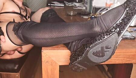 Femboy has sweated a lot after gangbang, and he stinks, and smells horny