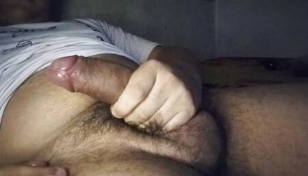 Chubby guy with a hairy dick squirting cum