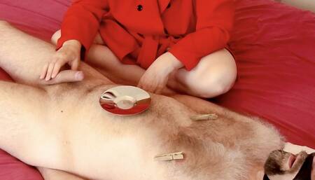 Male Nipples Clothespins Lead to Hands Free Cumshot