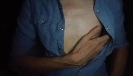 Unbutton shirt and show chest