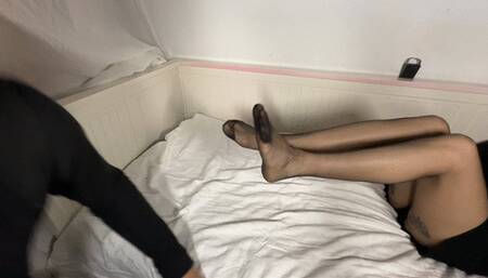 Slave Foot Worshiping my sweaty stinky nylon feet Part 4