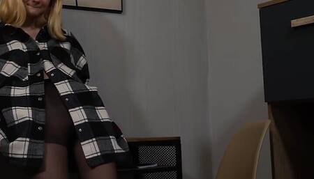 Petite teen blonde Lucy playing with pussy thru black pantyhose