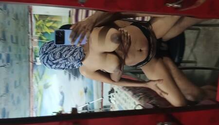 Banana and vibrator fuck with husband in front of mirror