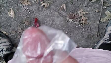 Horny college boy strokes his smooth cock to a big orgasm on his morning hike.