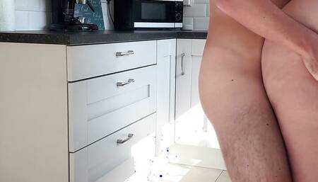 Wife takes break from cleaning for kitchen shag.