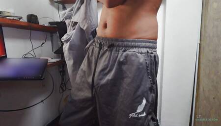 Hot Arab man jerking and cumming in the office