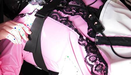 Sissy tied to a bondage bench, pegged, and fed his own cum