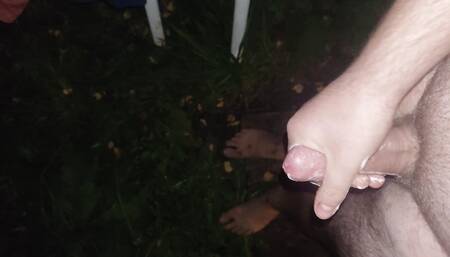 hairy man jerks his dick on the street