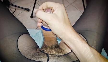 POV sexy crossdresser masturbate her cock and cum on nylon legs