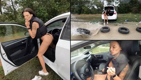 Arrogant Jade smoking, revving and and throws garbage in nature