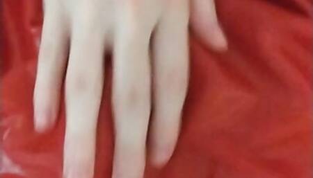 Red latex hooded swing dress and transparent pants cum