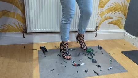 Giantess Atari queen destroys a 1969 Camaro hand built toy car crush in sexy black strappy heels high view