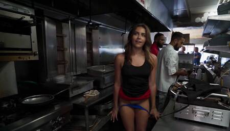 Two horny cooks fucking a slutty girl in the kitchen